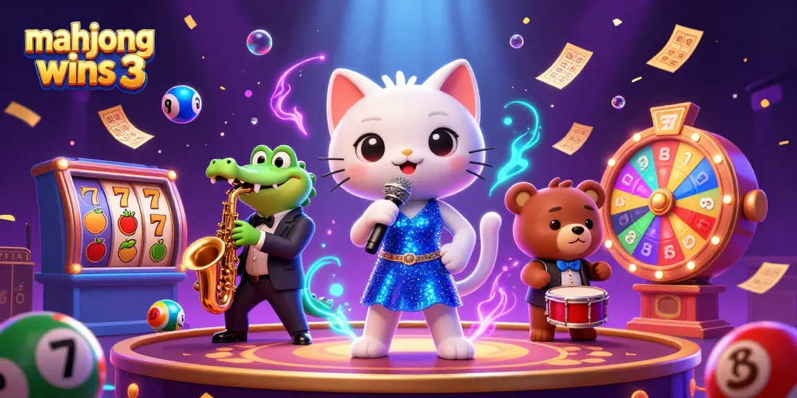 Enhance your chances with Mahjong Wins 3 in this dazzling casino illustration featuring vibrant slot machines, lively characters, and magical effects.