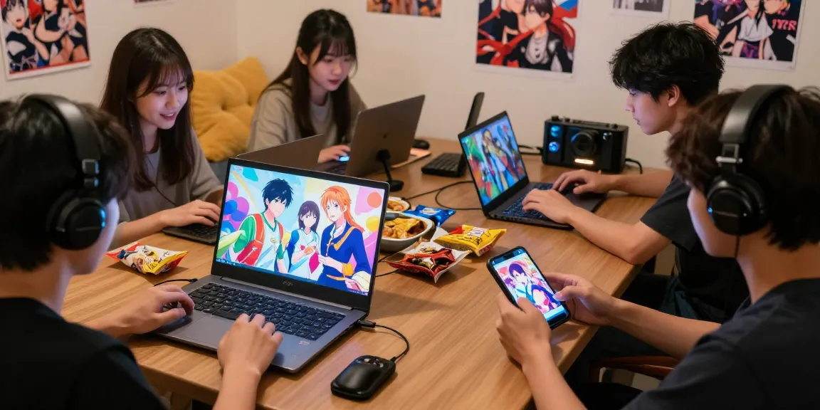 Players enjoying captivating hentai games on laptops and mobile devices in a cozy gaming room.