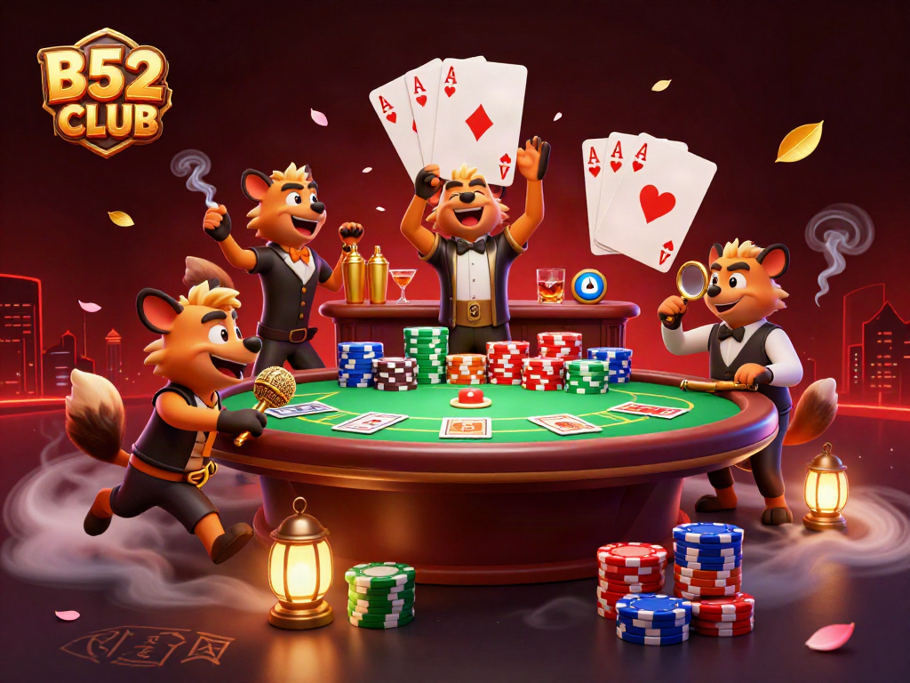 Experience laughter and excitement at B52CLUB, where hyenas host comedy with vibrant gambling elements.