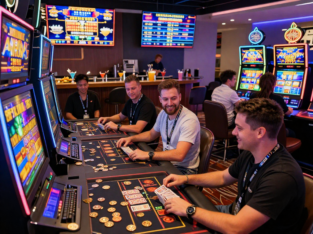 Diverse players enjoying exciting gaming at non-UK casinos for UK players at https://ghsc.co.uk, engaging with vibrant slot machines and live dealers in immersive atmosphere.