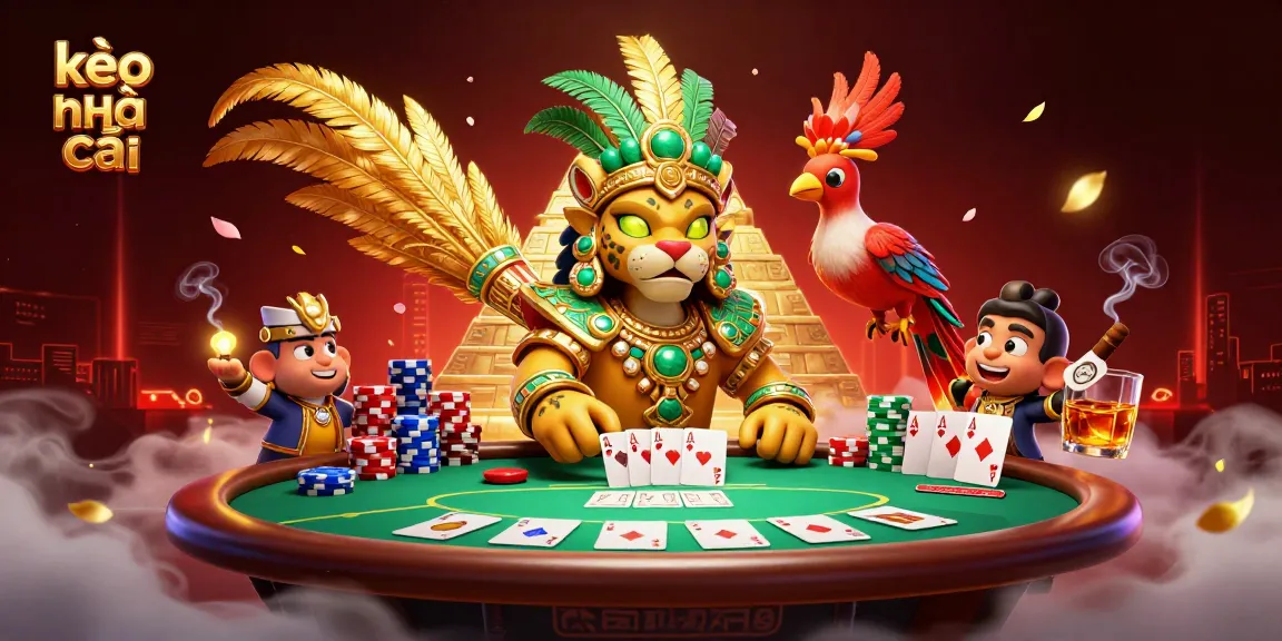 Engaging kèo nhà cái scene showcasing vibrant poker elements and a Mayan jaguar priest illustration.