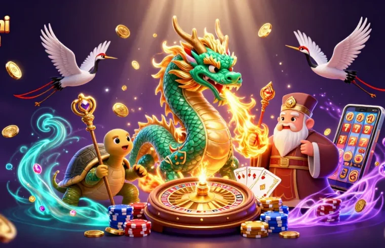Dhani win dragon and turtle mascot surrounded by casino elements like coins and roulette.