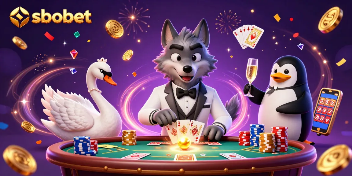 Engage in thrilling sbobet gaming with a debonair wolf, elegant swan, and sophisticated penguin.