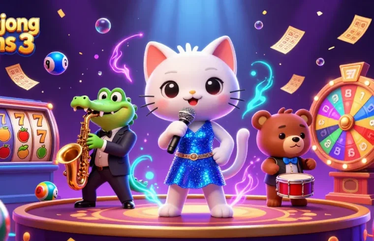 Enhance your chances with Mahjong Wins 3 in this dazzling casino illustration featuring vibrant slot machines, lively characters, and magical effects.