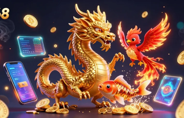 Experience the thrill of f168 with a fierce dragon, phoenix, and koi amidst vibrant casino elements.